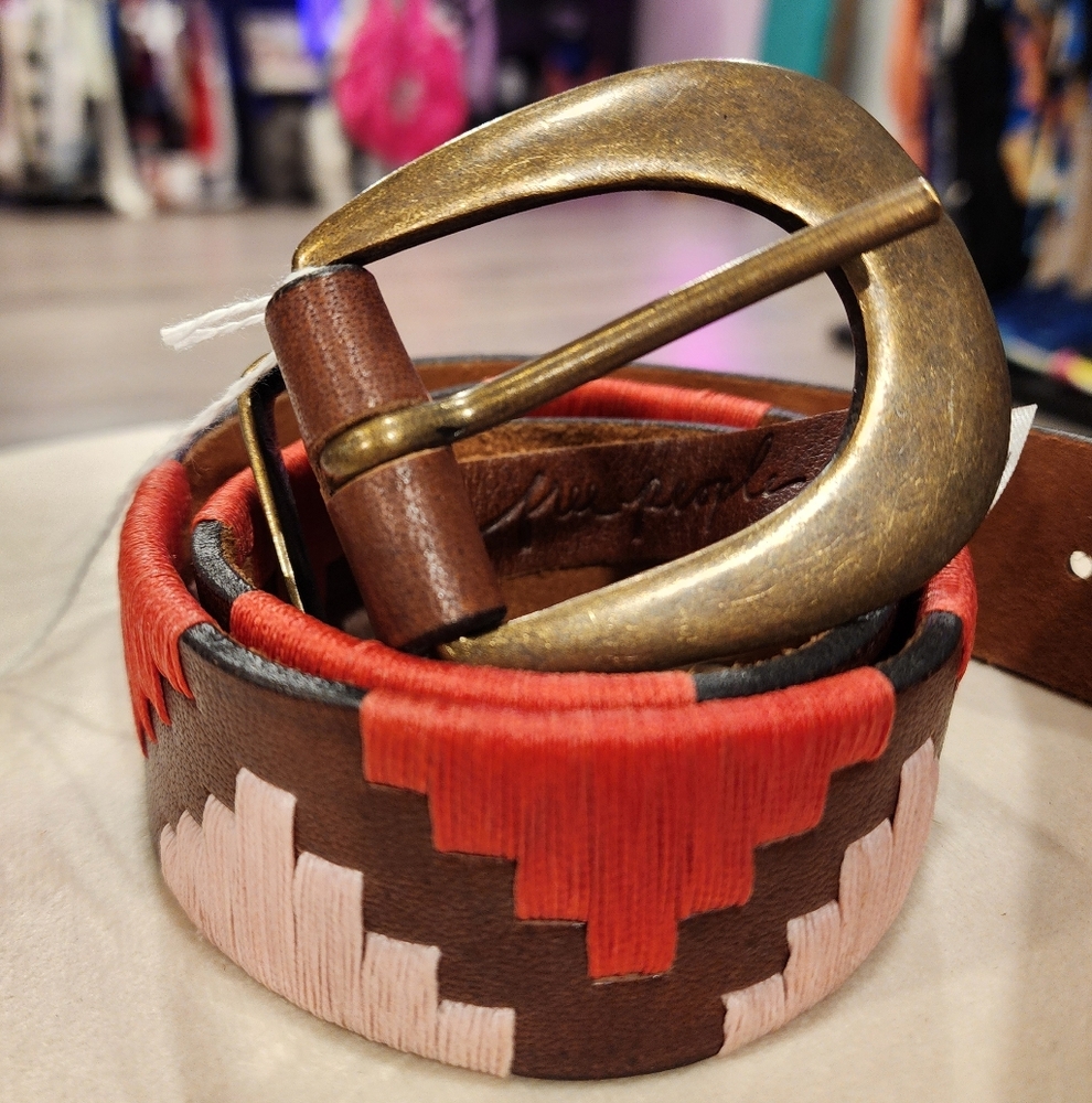 Free People Brown Leather Belt With Woven Detail And Brass Buckle